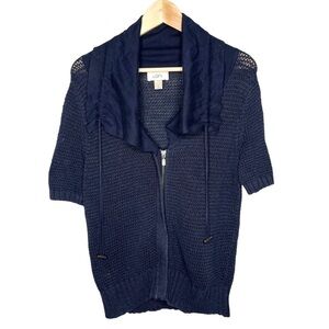 Loft Navy blue cable knit full zip drawstring draped collar Sz M